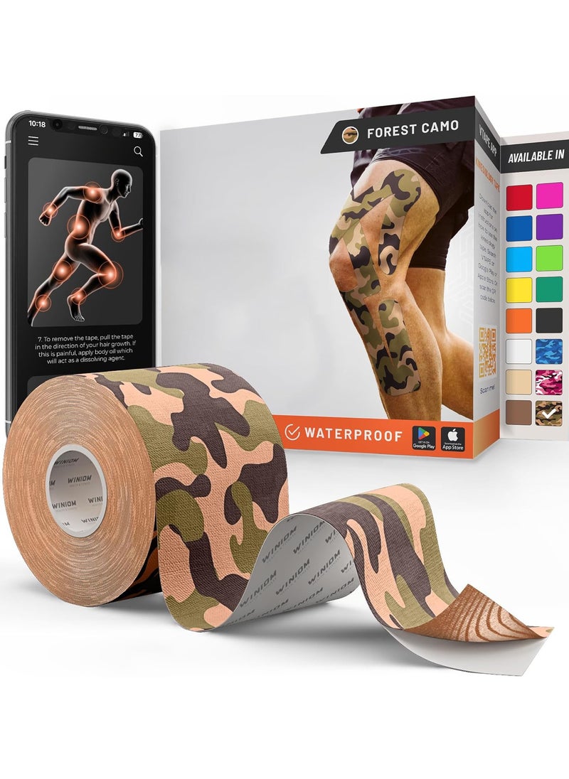 FLYROAD - Kinesiology Tape, 1 roll of 5 meters of breathable cotton sports tape for ankle, knee pain, elbow and shoulder muscles, (Green camouflage) - Image 1