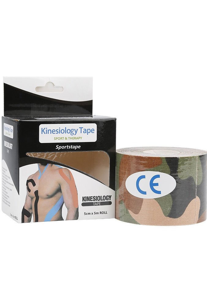 FLYROAD - Kinesiology Tape, 1 roll of 5 meters of breathable cotton sports tape for ankle, knee pain, elbow and shoulder muscles, (Green camouflage) - Image 1