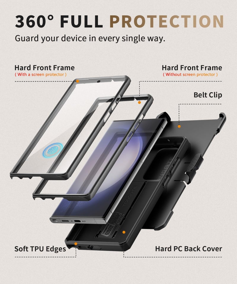 TONGATE for Samsung Galaxy S23 Ultra Case, [Built-in Slide Camera Cover & Screen Protector] [2 Front Frame] Military Grade Shockproof S23 Ultra Phone Case with Kickstand & Belt-Clip 6.8", Black - Image 5
