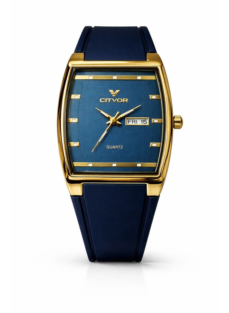 CITVOR Regal Classic CT3588 Men’s Analog Watch Blue Dial Gold Case Rubber Strap Day Date Quartz - Image 1