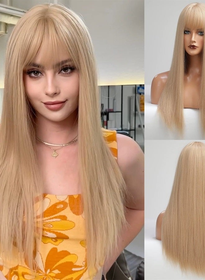 EMMOR Light Blonde Wig With Bangs For Women Long Straight Wigs Barbie wig Synthetic For Girl Cosplay And Daily Use(26" Light Blonde) - Image 1