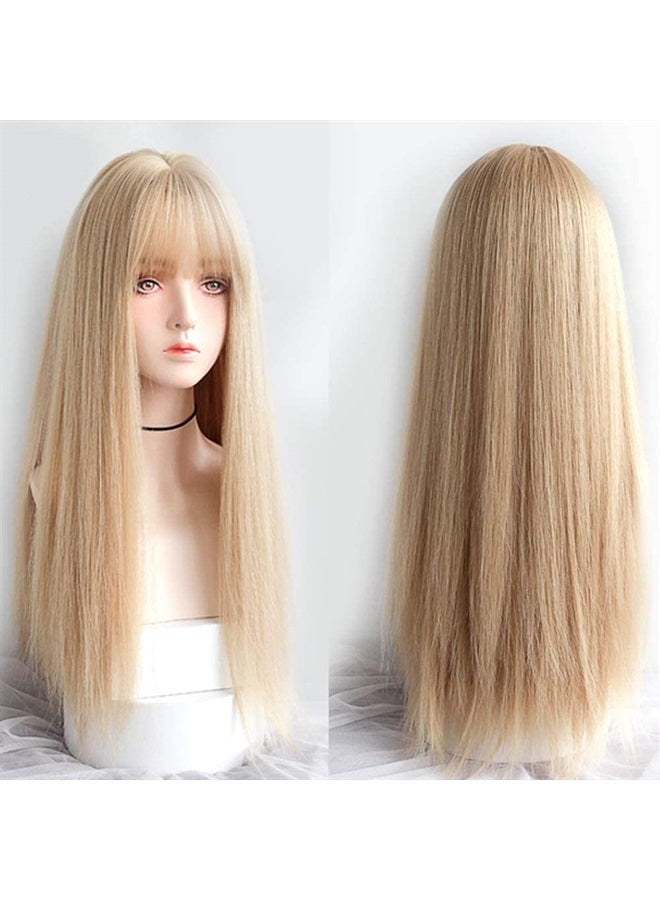 EMMOR Light Blonde Wig With Bangs For Women Long Straight Wigs Barbie wig Synthetic For Girl Cosplay And Daily Use(26" Light Blonde) - Image 3