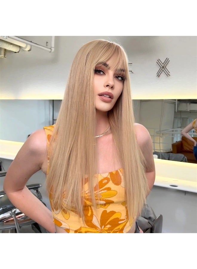 EMMOR Light Blonde Wig With Bangs For Women Long Straight Wigs Barbie wig Synthetic For Girl Cosplay And Daily Use(26" Light Blonde) - Image 2