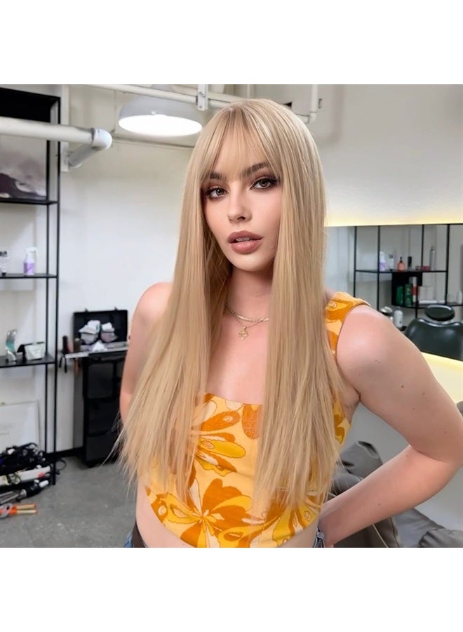 EMMOR Light Blonde Wig With Bangs For Women Long Straight Wigs Barbie wig Synthetic For Girl Cosplay And Daily Use(26" Light Blonde) - Image 4