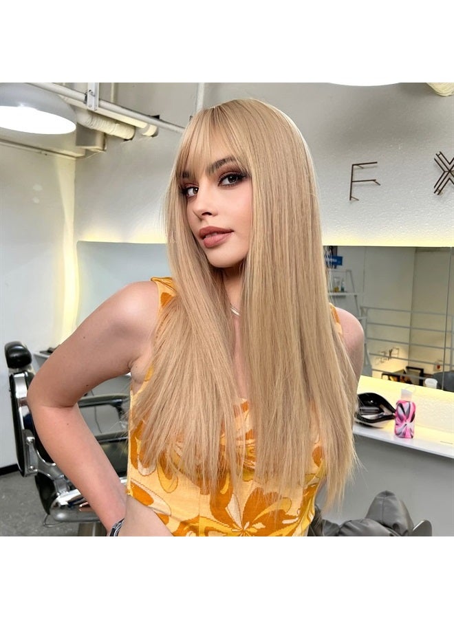 EMMOR Light Blonde Wig With Bangs For Women Long Straight Wigs Barbie wig Synthetic For Girl Cosplay And Daily Use(26" Light Blonde) - Image 5
