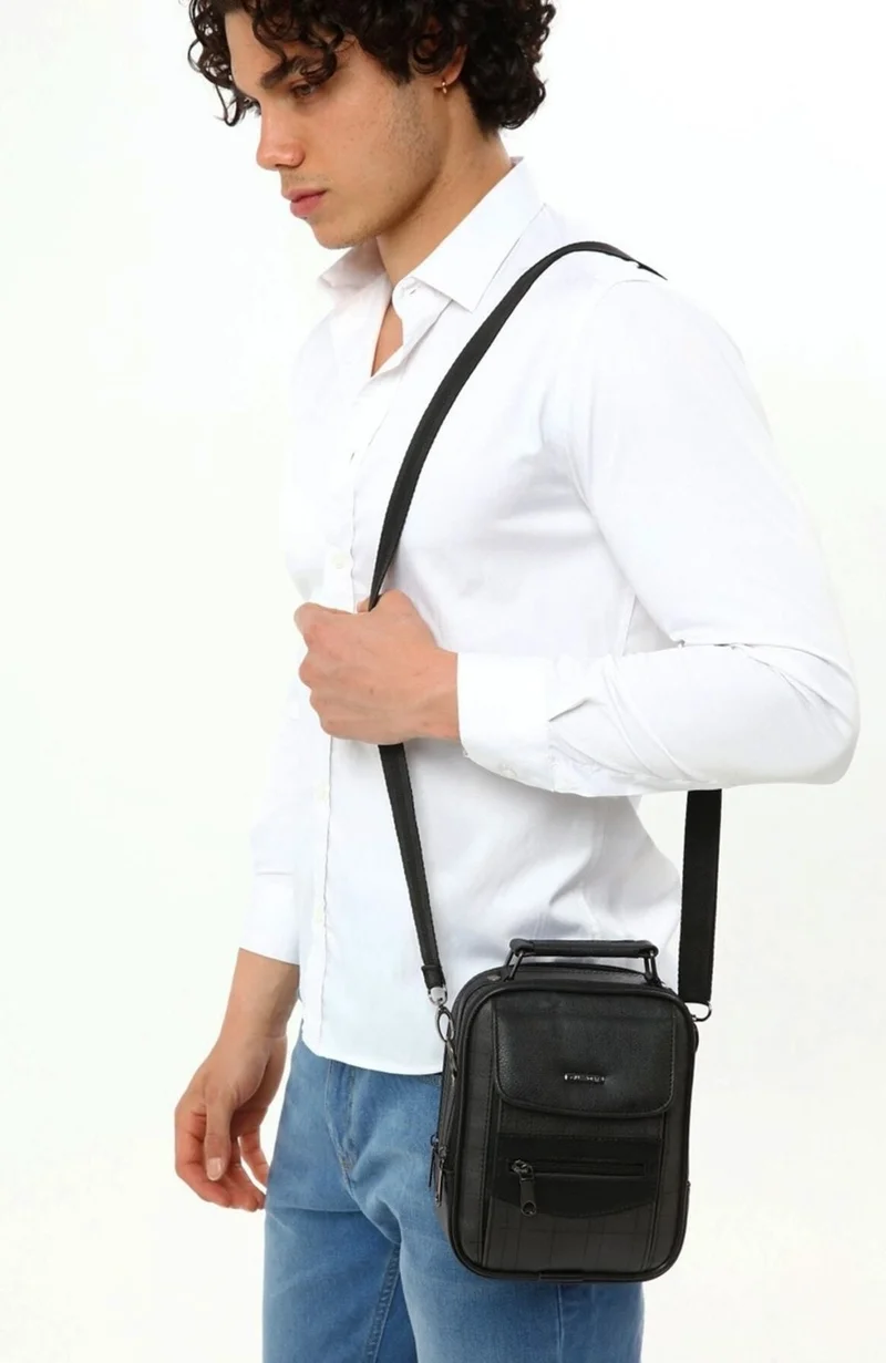 Avca Black Leather Plaid Adjustable Strap Men's Hand Shoulder Bag with Phone Compartment Medium Size