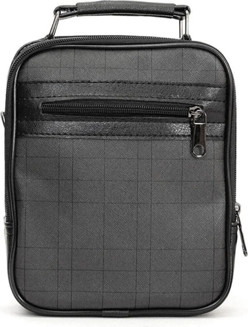 Avca Black Leather Plaid Adjustable Strap Men's Hand Shoulder Bag with Phone Compartment Medium Size