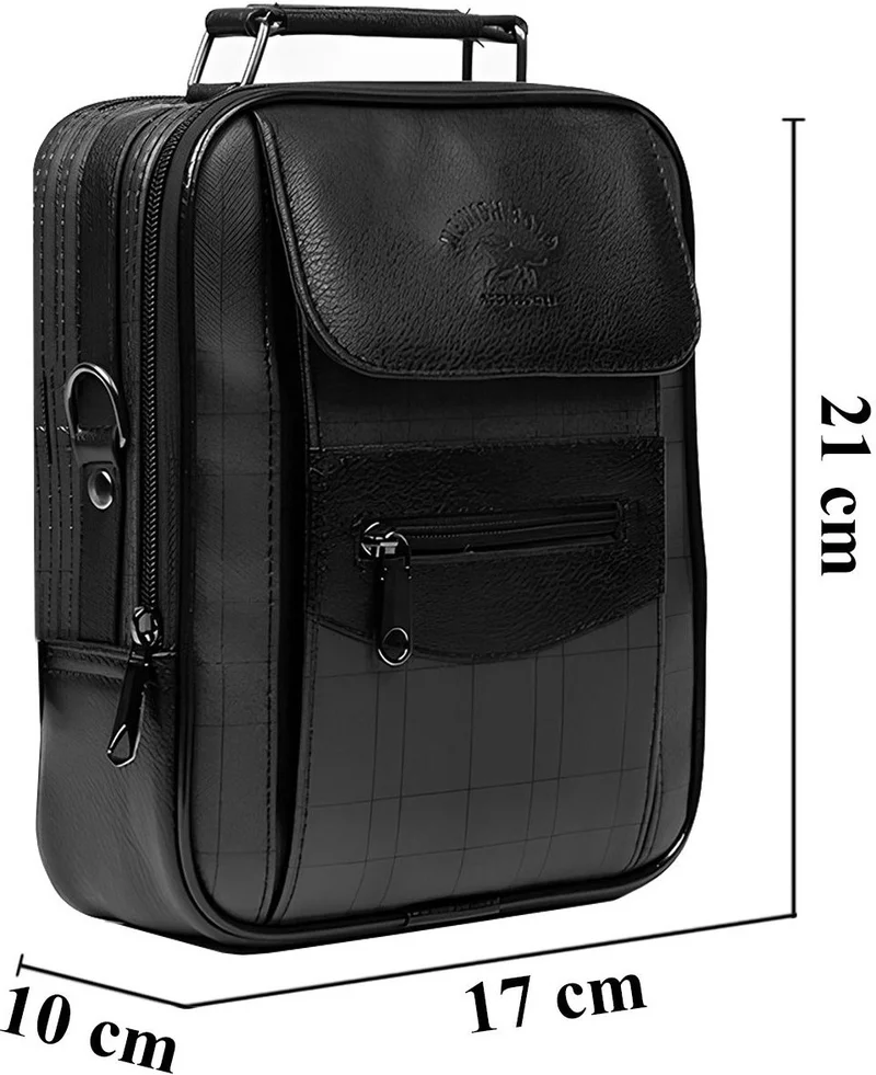 Avca Black Leather Plaid Adjustable Strap Men's Hand Shoulder Bag with Phone Compartment Medium Size