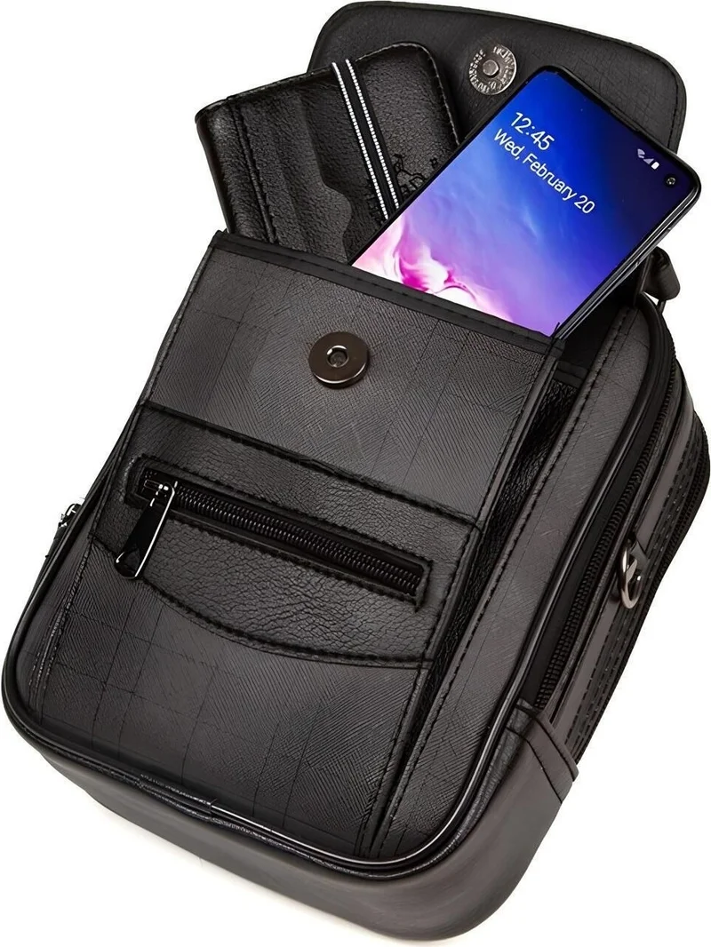 Avca Black Leather Plaid Adjustable Strap Men's Hand Shoulder Bag with Phone Compartment Medium Size