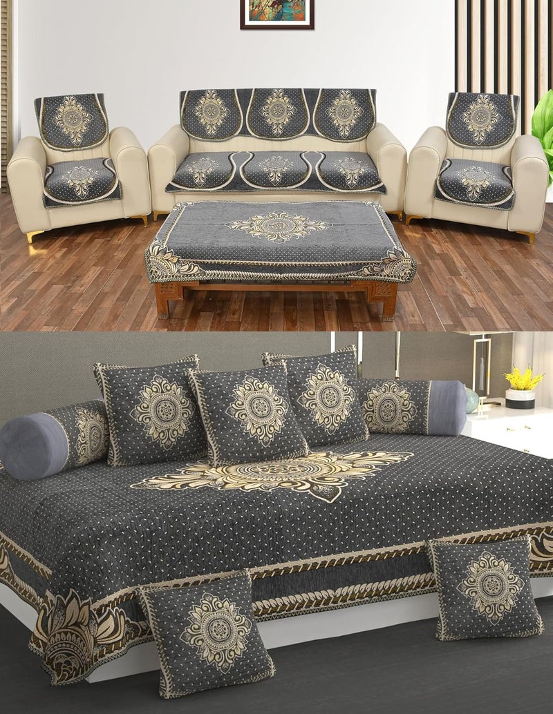 MULTITEX Heavy Chenille Velvet Sofa Cover with diwan Set and Table Cover Combo Set of 21 psGrey - Image 1