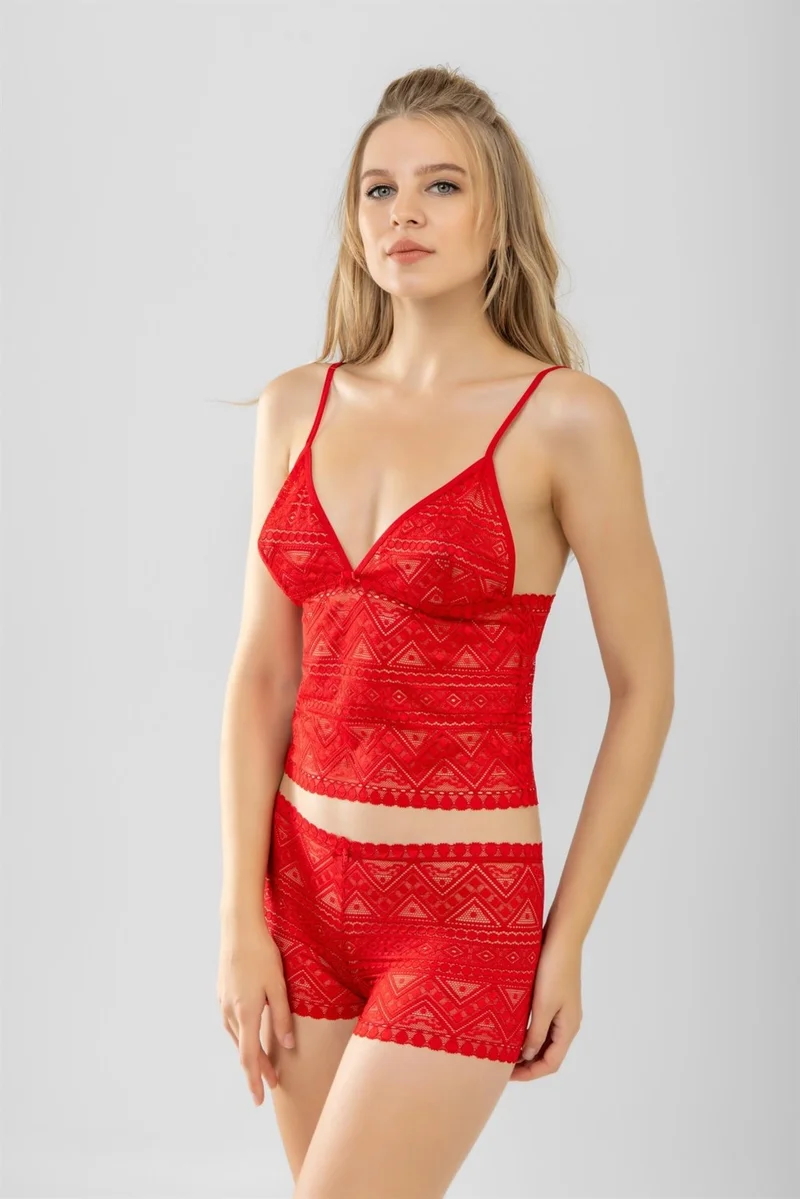 Baykar Women's Lace Bralet and Boxer Shorts Set Red