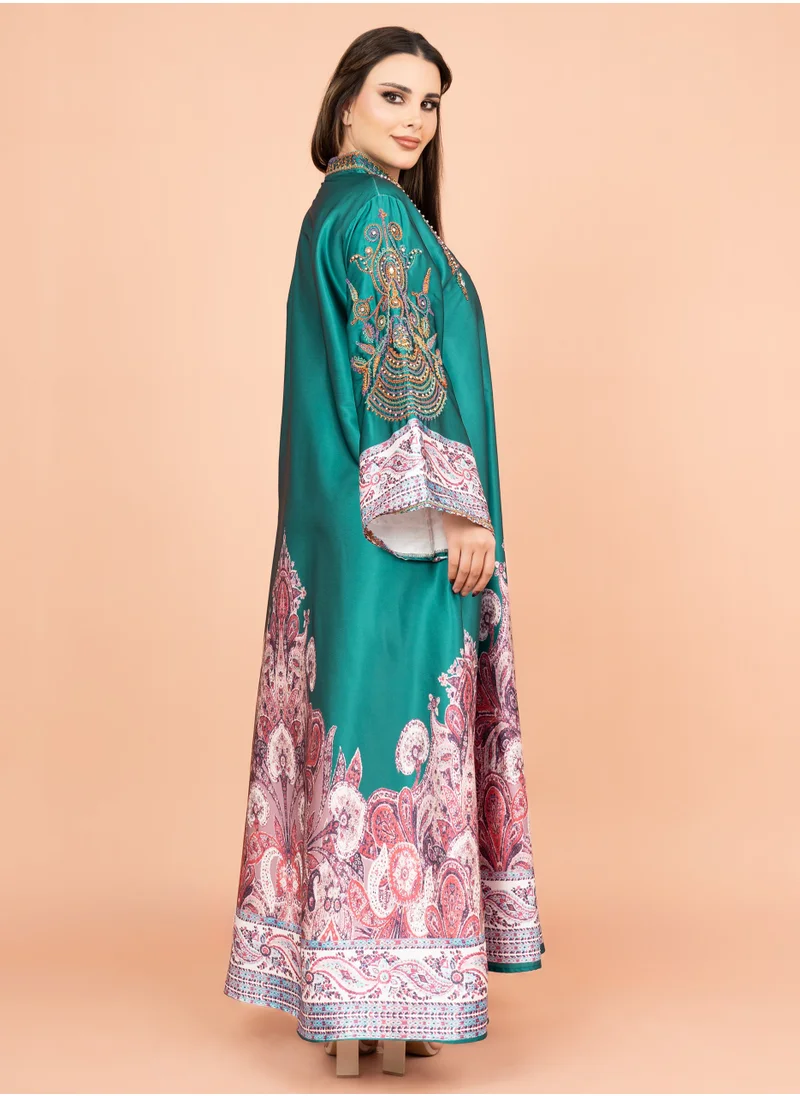 IKKXA Gleaming Crystal and Print Jalabiya IK1016 Turquoise