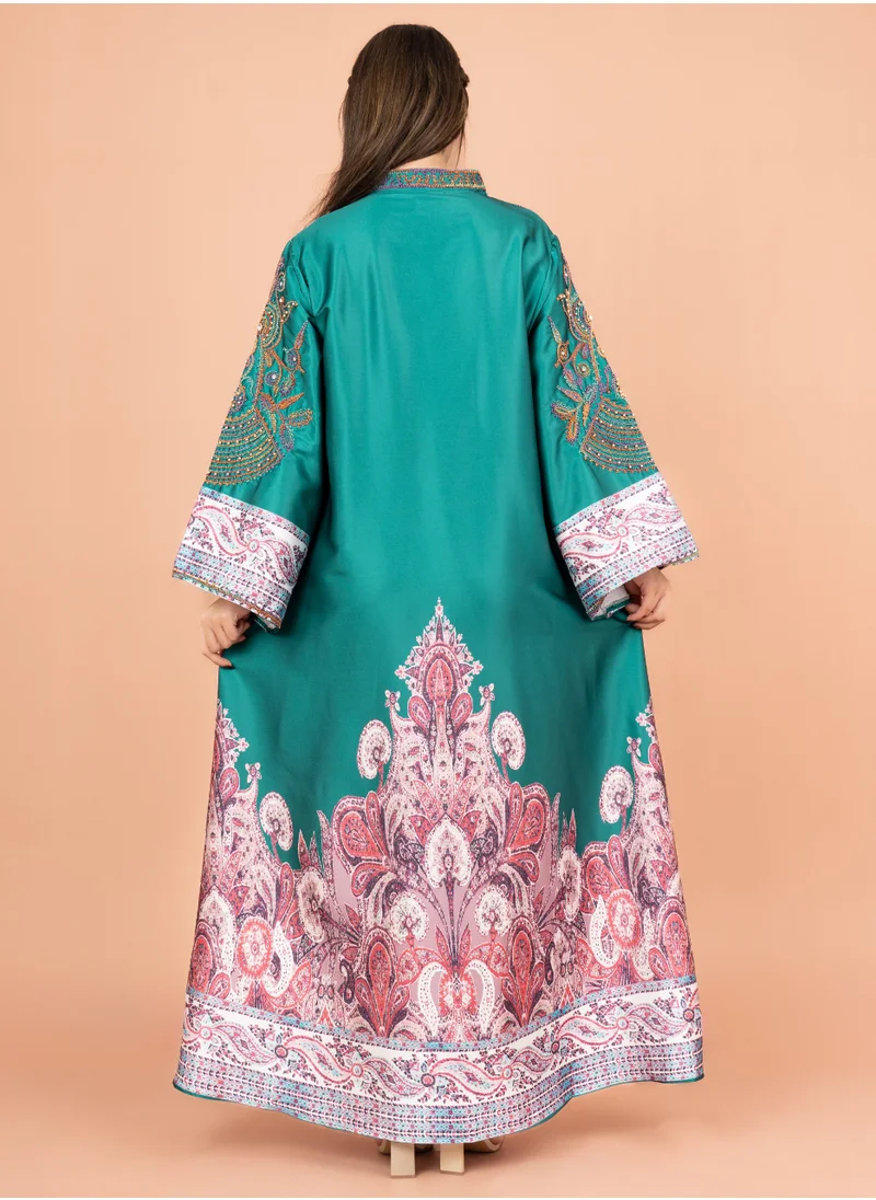 IKKXA Gleaming Crystal and Print Jalabiya IK1016 Turquoise