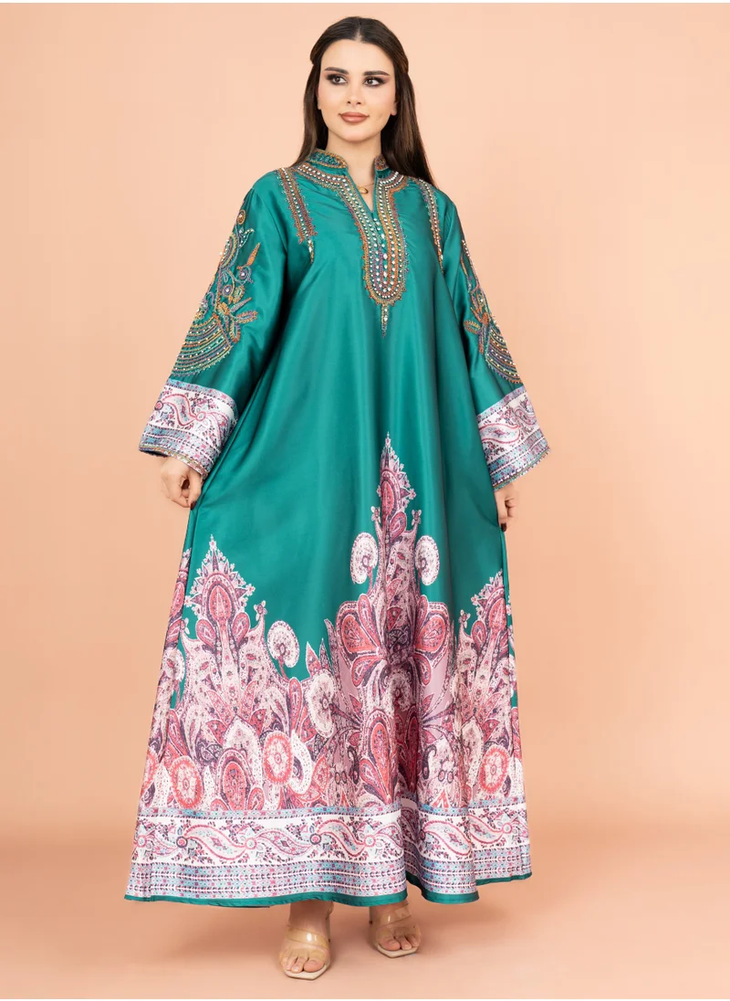 IKKXA Gleaming Crystal and Print Jalabiya IK1016 Turquoise
