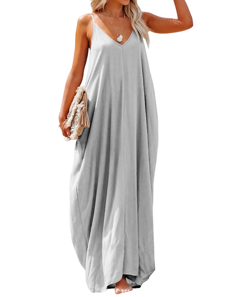 Poetsky Casual Dresses for Women Summer V Neck Sleeveless Long Dresses Light Grey L - Image 1