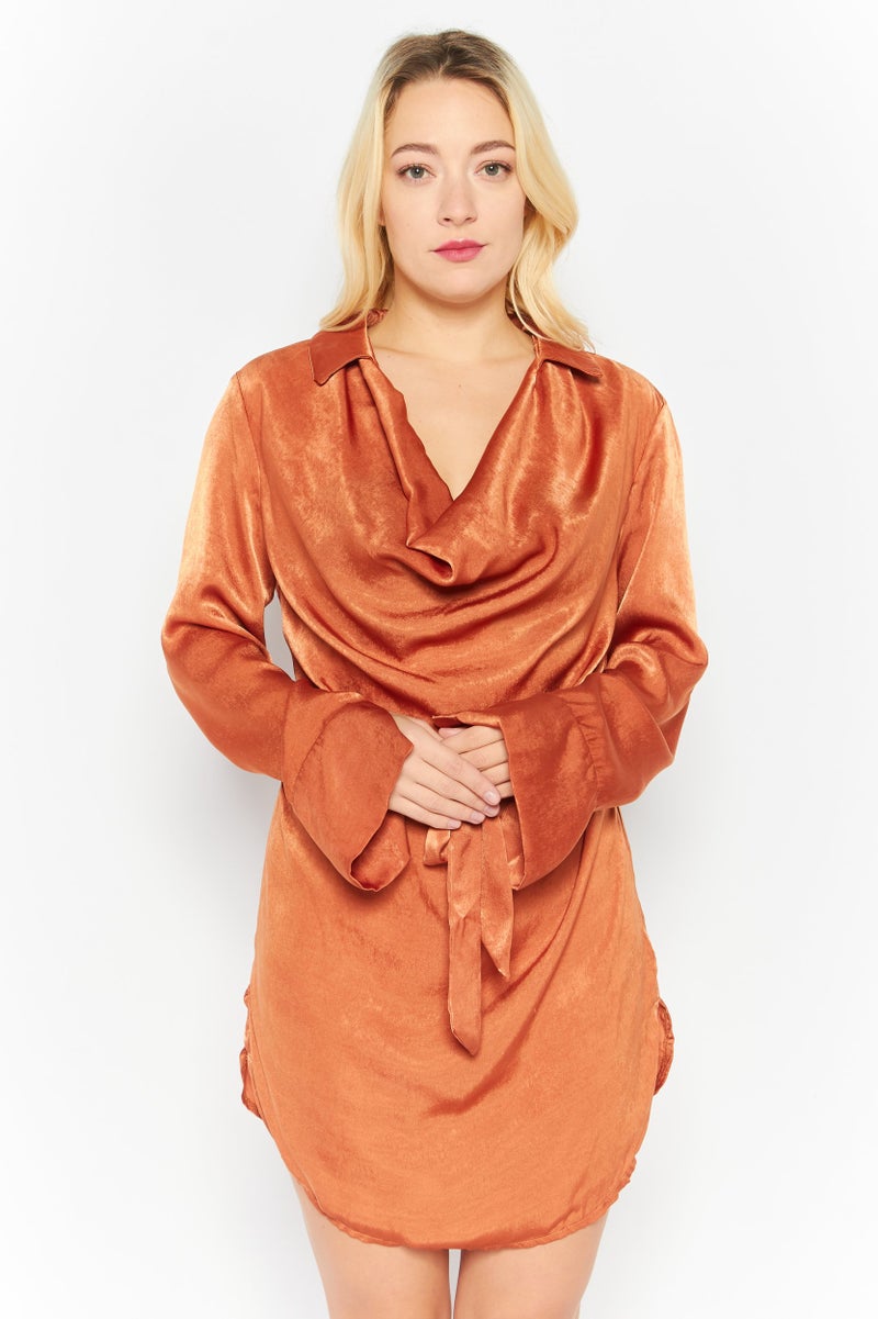 First Distraction The Label Women Solid Belted Satin Mini Dress, Rust - Image 1