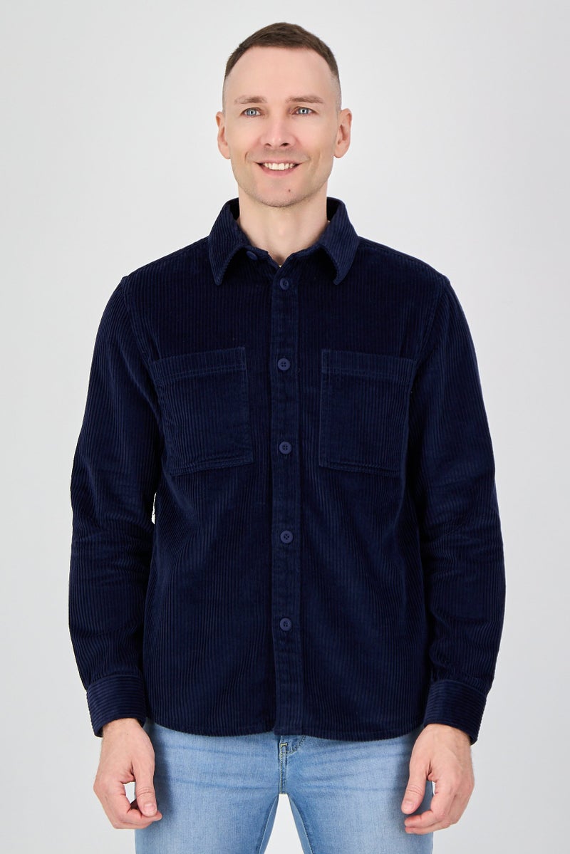 Celio قميص كوردروي بأكمام طويلة للرجال بتصميم عادي، أزرق داكن - Image 1