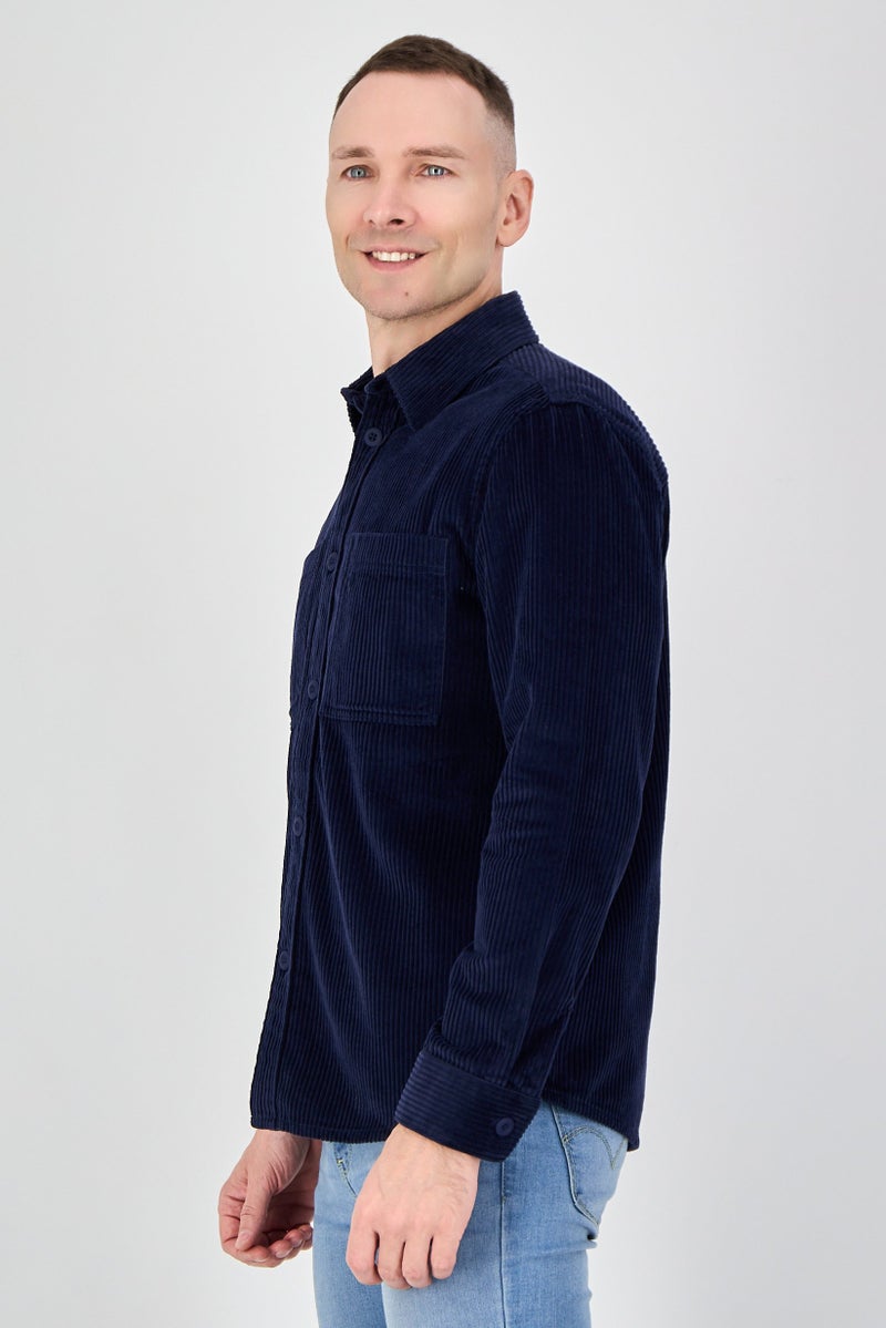 Celio قميص كوردروي بأكمام طويلة للرجال بتصميم عادي، أزرق داكن - Image 2