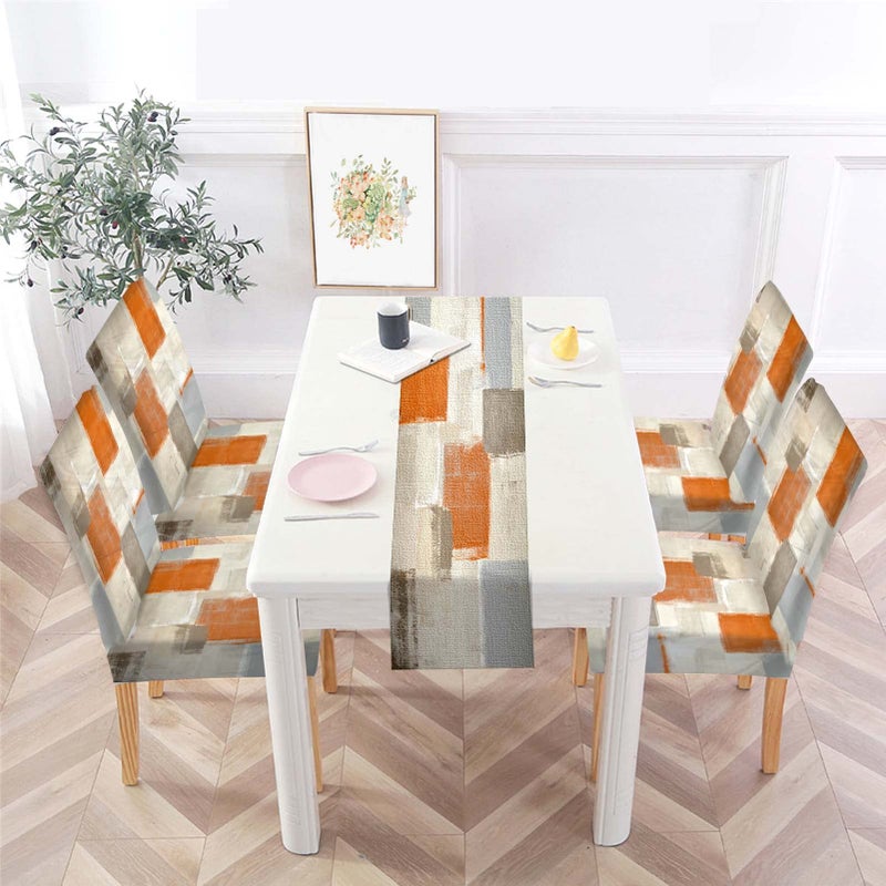 MCALK Orange Chair Covers Set of 4 and Table RunnerStretch Brown Chair Slipcovers for KitchenWashable Removable Chair Protector Modern Chair Covers for Dining Room