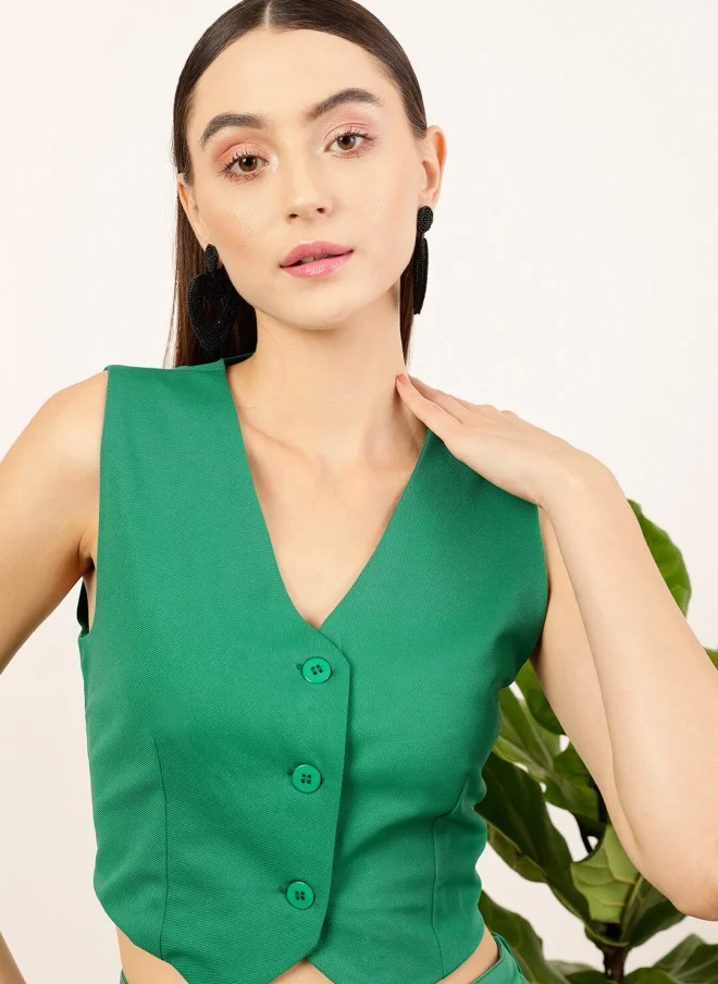 STREET 9 Green V-Neck Woven Waistcoat for Women