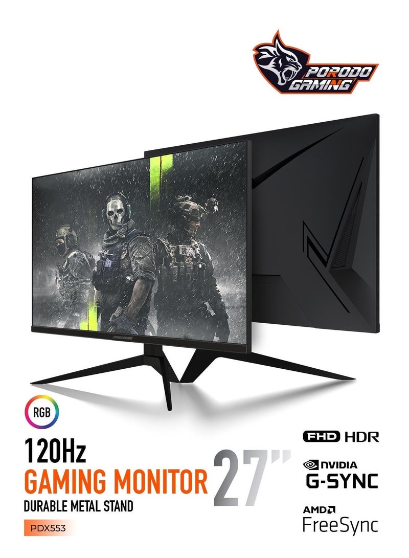 porodo 27" Gaming Monitor, CSOT Panel, FHD (1920 x 1080P), 120Hz Refresh Rate, 5.5ms Response Time, AMD FreeSync, Nvidia G-SYNC, HDR & Wide View, Durable Metal Stand, Perfect for Gaming and Office Use - Image 1