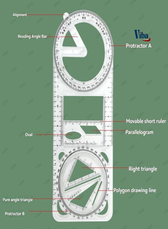 VIBA® Transparent Multi-Functional Geometry Ruler with Protractor & Triangle (Pack of 1) | Plastic Drawing Template Measuring Tool for Kids & Students | School Math & Geometry Scale - Image 5