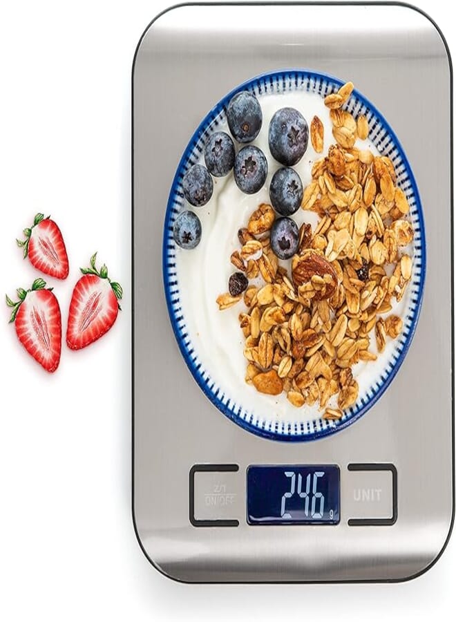 PORTENTUM Digital Kitchen Scales 5 kg with Large LCD Display, Digital Scale, Letter Scales with Large Stainless Steel Weighing Surface, Liquid Measurement, High Precision up to 1 g, Tare Function,
