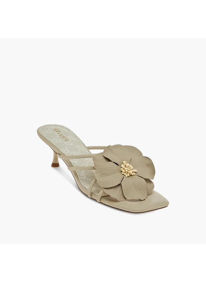 سيليست Women's Flower Applique Slip-On Sandals with Kitten Heels