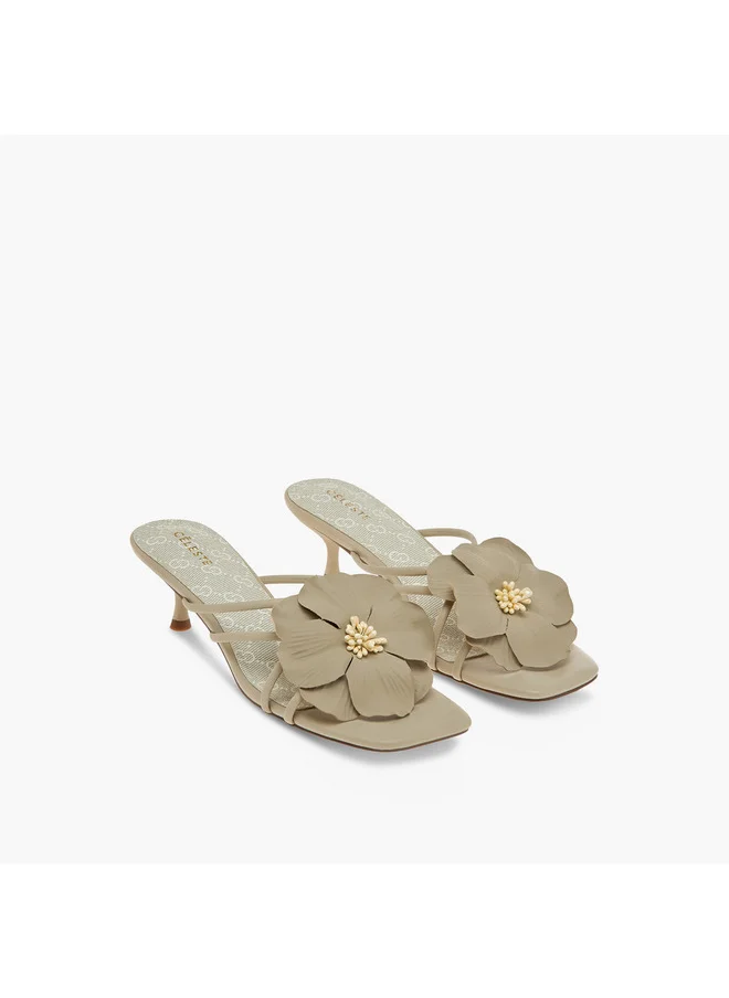 سيليست Women's Flower Applique Slip-On Sandals with Kitten Heels