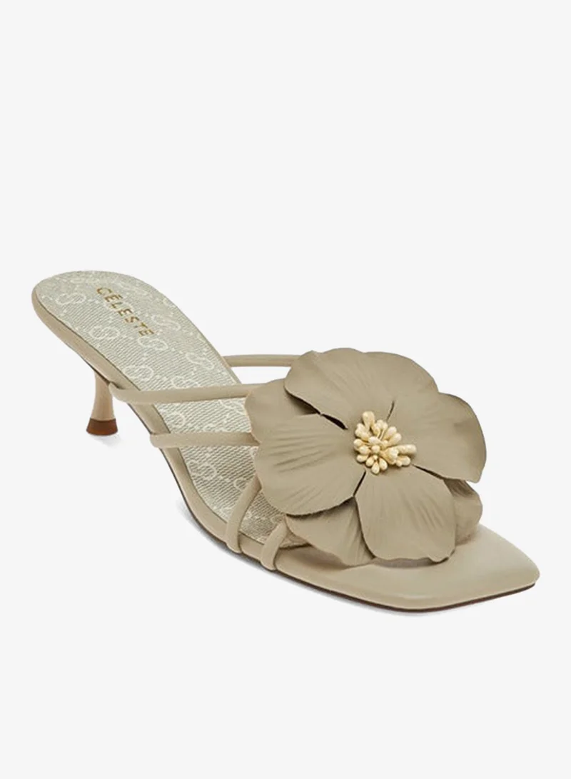 Celeste Women's Flower Applique Slip-On Sandals with Kitten Heels