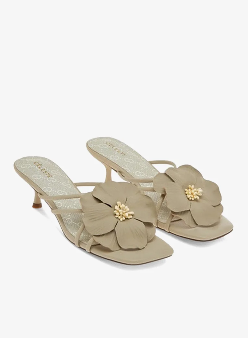 Celeste Women's Flower Applique Slip-On Sandals with Kitten Heels