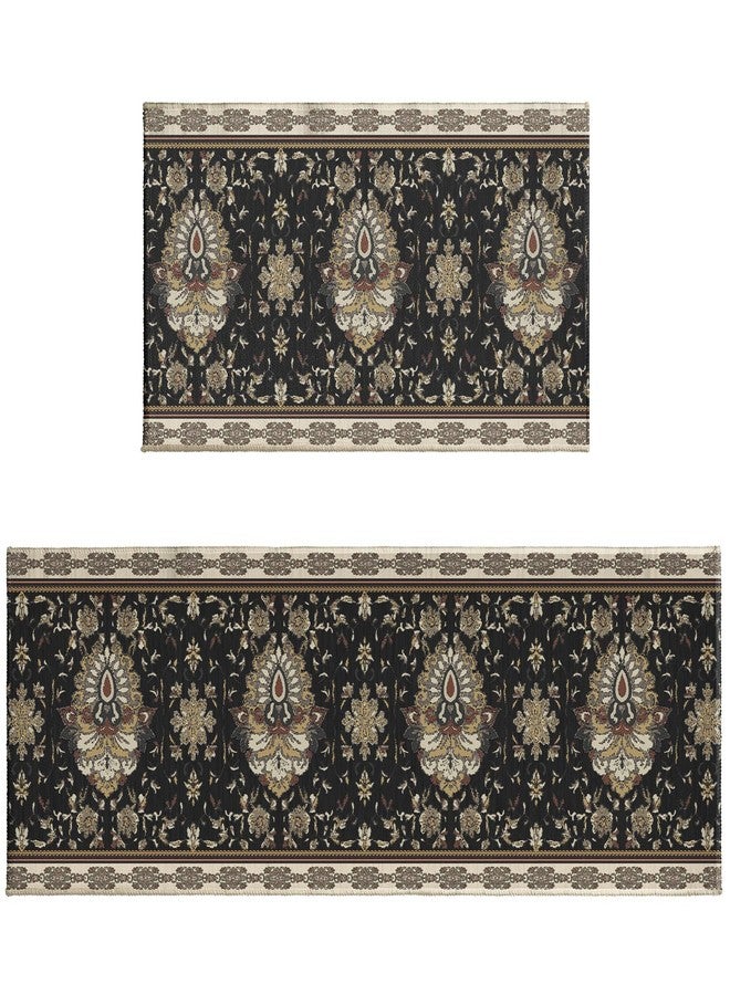 Aytipun Black Boho Kitchen Mats for Floor Set of 2 Bohemian Style Carpet Pattern Vintage Floral Kitchen Rugs Rustic Decorative Non Slip Washable Absorbent Kitchen Runner Rugs Decor,17x30 and 17x47 Inch - Image 1