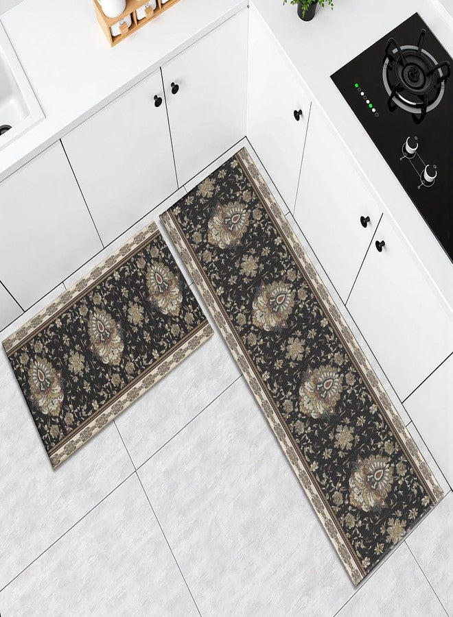 Aytipun Black Boho Kitchen Mats for Floor Set of 2 Bohemian Style Carpet Pattern Vintage Floral Kitchen Rugs Rustic Decorative Non Slip Washable Absorbent Kitchen Runner Rugs Decor,17x30 and 17x47 Inch - Image 3