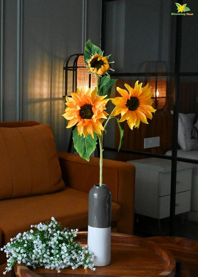Artificial Sunflower Stick 80 cm Big for Home DecorOffice DecorGifting 3 Flower Heads Ornamental Flowers Yellow Color Natural Looking DustProof