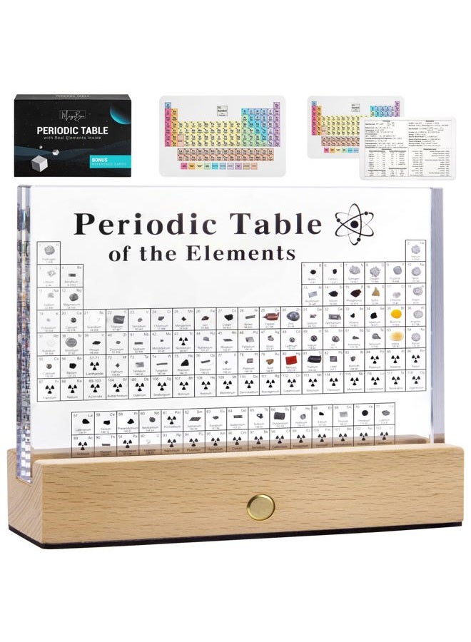 Megabox Periodic Table Of Elements with 83 Real Elements, Acrylic Periodic Table Display With Wooden Stand, 6x Chemistry Formula Reference Cards, Science Teacher Gift Classroom Decoration - Image 1