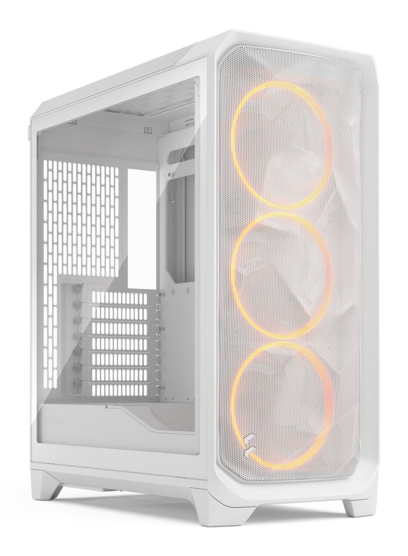 Fractal Design Meshify 3 White RGB TG Clear Tint Mid-Tower ATX Case, Tempered Glass Side Panel, Advanced Airflow with 3x 140mm RGB Momentum Fans, Front USB-C 20Gbps + USB-A 5Gbps, Tool-less Panels & Cable Management, White | FD-C-MES3A-07 - Image 1