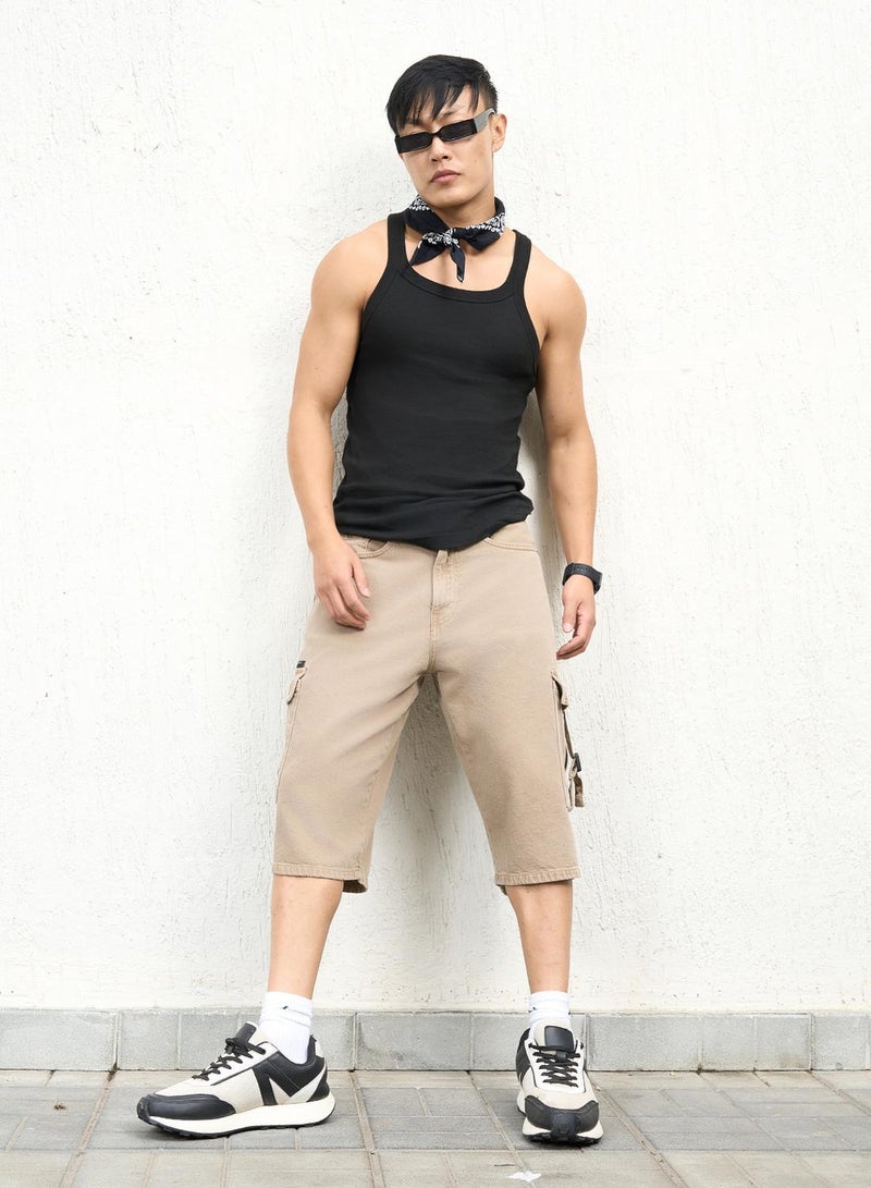 Hubberholme Men's Beige 100% Cotton Bleached Cropped Length Cargo Loose Shorts - Image 1