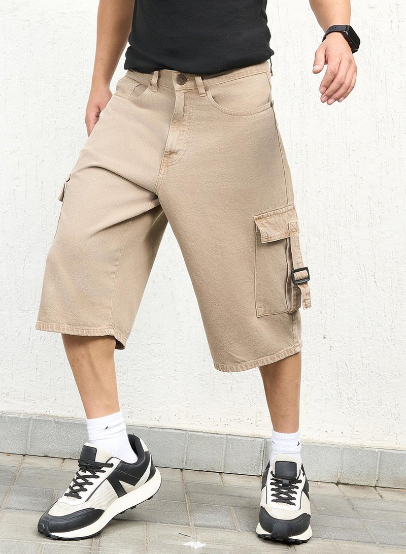 Hubberholme Men's Beige 100% Cotton Bleached Cropped Length Cargo Loose Shorts - Image 5