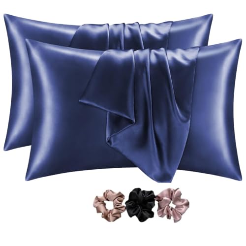 GO WELL solid Satin Silk Pillow Covers Pack of 2 for Hair and Skin-with Satin Scrunchies for Women|Satin Pillow Cover for Hair and Skin|scrunchies for Women 3-Piece|Silk Pillow case(Nevyblue) 600TC - Image 1