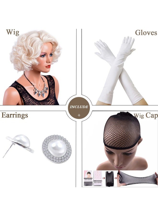 GNIMEGIL Short Big Curly Wavy Layered Wigs for Women Cosplay Wig Coser Party Costume Synthetic Hair Platinum Blonde Halloween Wigs (Platinum Blond+Stud Earrings+White Gloves) - Image 2