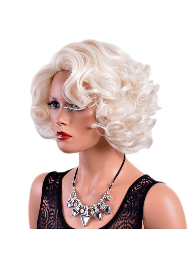 GNIMEGIL Short Big Curly Wavy Layered Wigs for Women Cosplay Wig Coser Party Costume Synthetic Hair Platinum Blonde Halloween Wigs (Platinum Blond+Stud Earrings+White Gloves) - Image 5