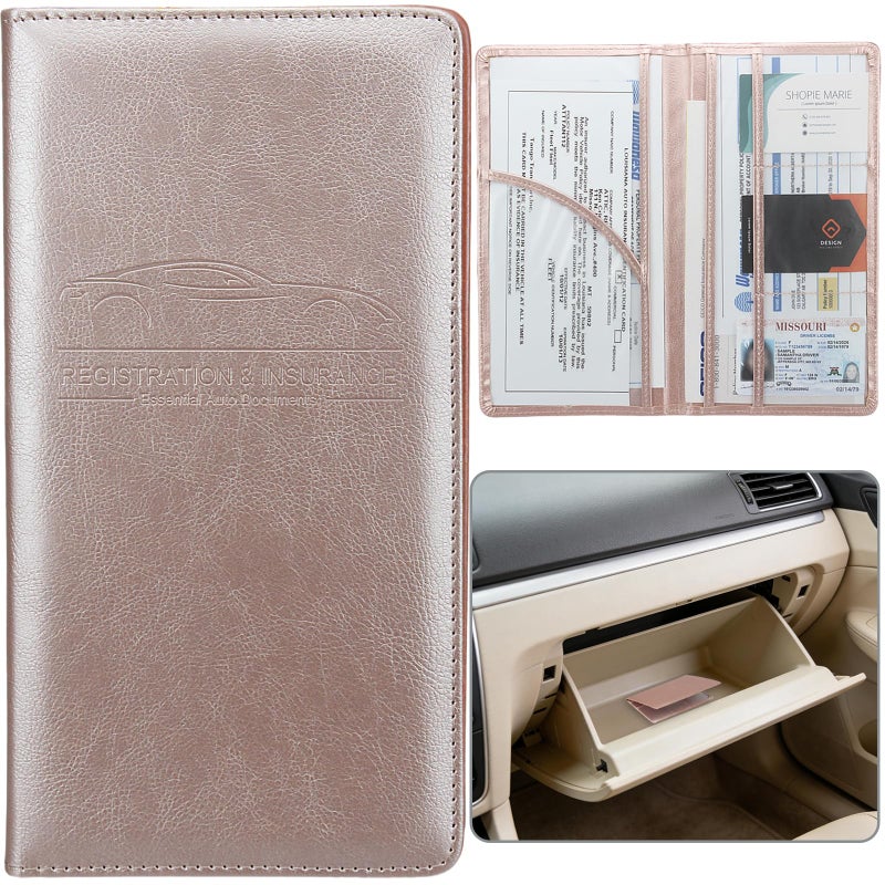 Miunice Car Registration and Insurance Holder Premium Pu Leather Vehicle Glove Box Organizer for Driver License Cards Essential Documents LRose Gold - Image 3