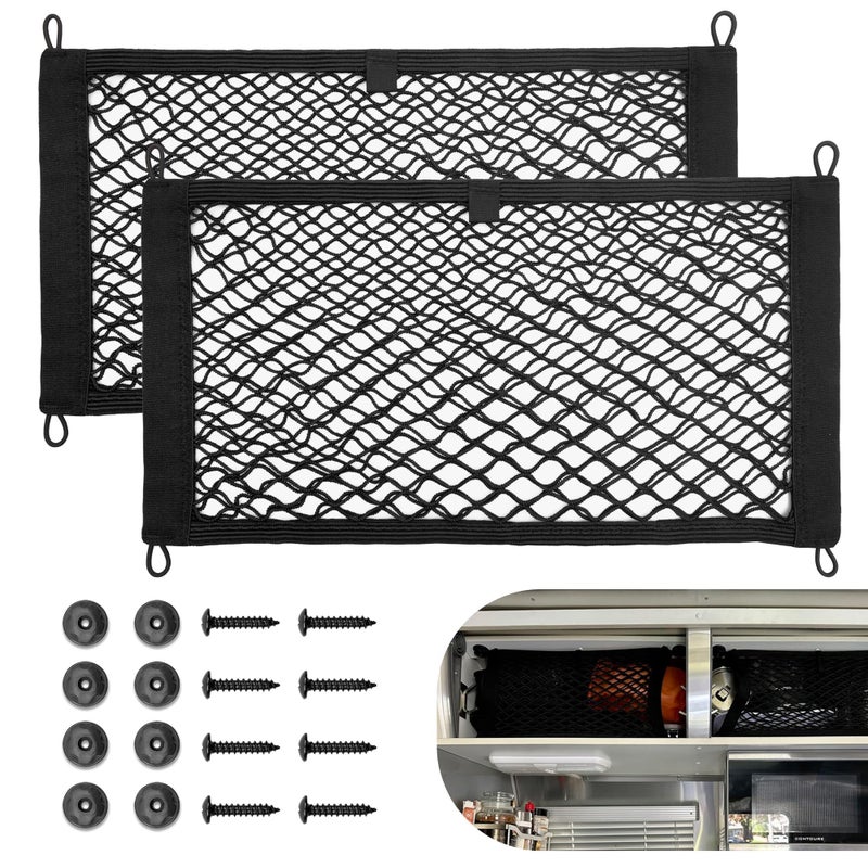 RED WOLF 2 Pcs Small Cargo Net Pocket Elastic Mesh Netting Car Mesh Pouch for Trunk RV Boats Home Cargo Storage with Screws and Hooks (17.7'' x 9.8'') - Image 1
