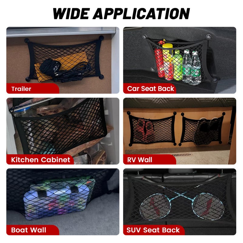 RED WOLF 2 Pcs Small Cargo Net Pocket Elastic Mesh Netting Car Mesh Pouch for Trunk RV Boats Home Cargo Storage with Screws and Hooks (17.7'' x 9.8'') - Image 5