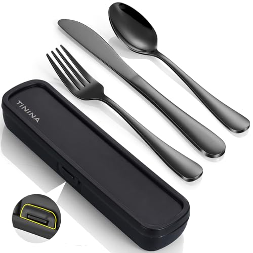 TININA Travel Utensils with Case, 4-Piece Stainless Steel Portable Cutlery Set, Reinforced Case with Buckle Design, Lunch Box for Camping Work School, Include Fork Spoon Knife, Dishwasher Safe, Black - Image 1