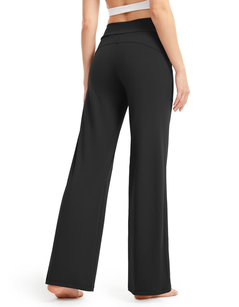 AFITNE Wide Leg Pants for Women Yoga Dress Pants with Pockets, High Waist Stretch Loose Casual Lounge Work Sweatpants Black L 32" - Image 2