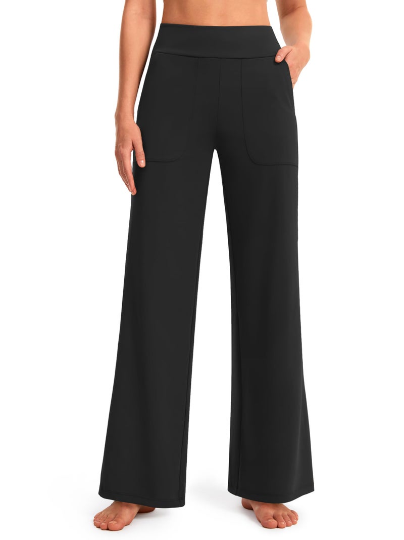 AFITNE Wide Leg Pants for Women Yoga Dress Pants with Pockets, High Waist Stretch Loose Casual Lounge Work Sweatpants Black L 32" - Image 1