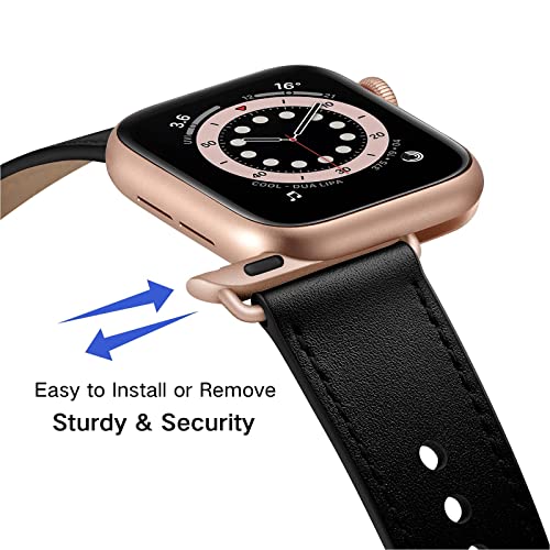 OUHENG Leather Bands Compatible with Apple Watch Band 42mm/41mm/40mm/38mm, Genuine Leather Replacement Strap for iWatch SE3 SE2 SE Series 11 10 9 8 7 6 5 4 3 2 1 (Black/Rose Gold) - Image 2