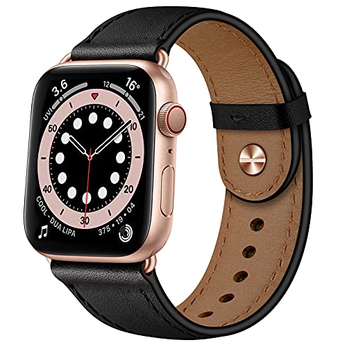 OUHENG Leather Bands Compatible with Apple Watch Band 42mm/41mm/40mm/38mm, Genuine Leather Replacement Strap for iWatch SE3 SE2 SE Series 11 10 9 8 7 6 5 4 3 2 1 (Black/Rose Gold) - Image 1
