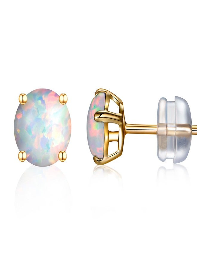 GW Stud Earrings for Women Gold Opal Earrings with 6 MM Round Opal and Ear Stud Earing Jewelry for Lady Daily Wear Party Wedding, White Opal 14K - Image 1